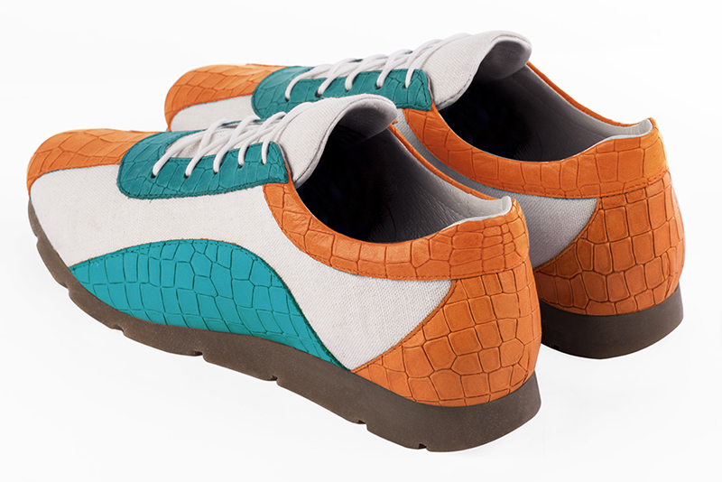 Apricot orange, pure white and turquoise blue women's three-tone elegant sneakers. Round toe. Flat rubber soles. Rear view - Florence KOOIJMAN